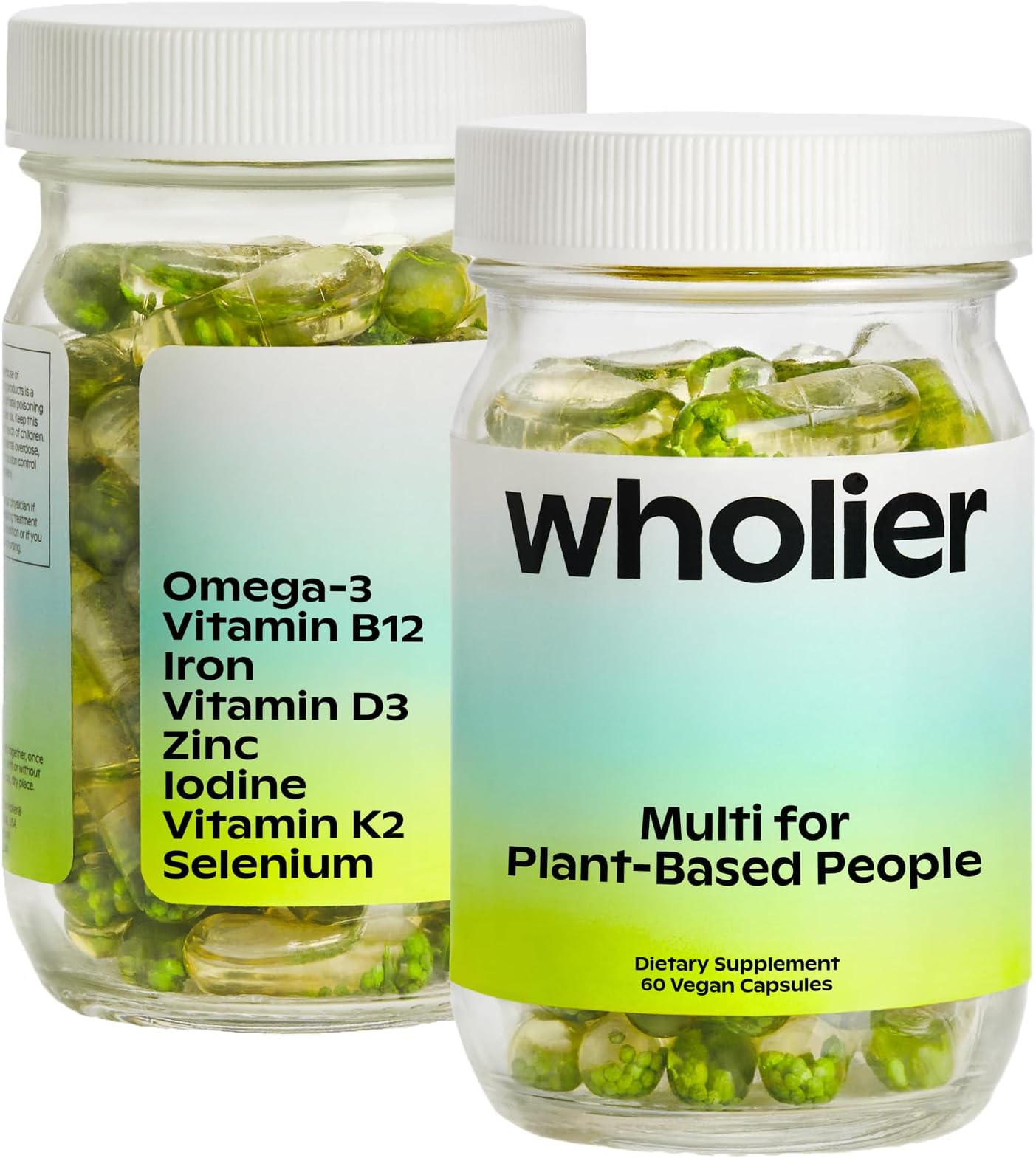 wholier - Plant-Based Multivitamin. Omega-3 DHA + EPA, Vitamin D, Vitamin B12, Zinc, Vitamin K2, Iron, Iodine, Selenium. 60 Count (30-Day Supply) Glass Bottle