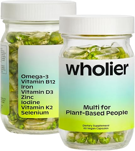 Wholier Multi for Plant-Based People Vegan DHA Omega-3 B12 Iron, 60 Capsules