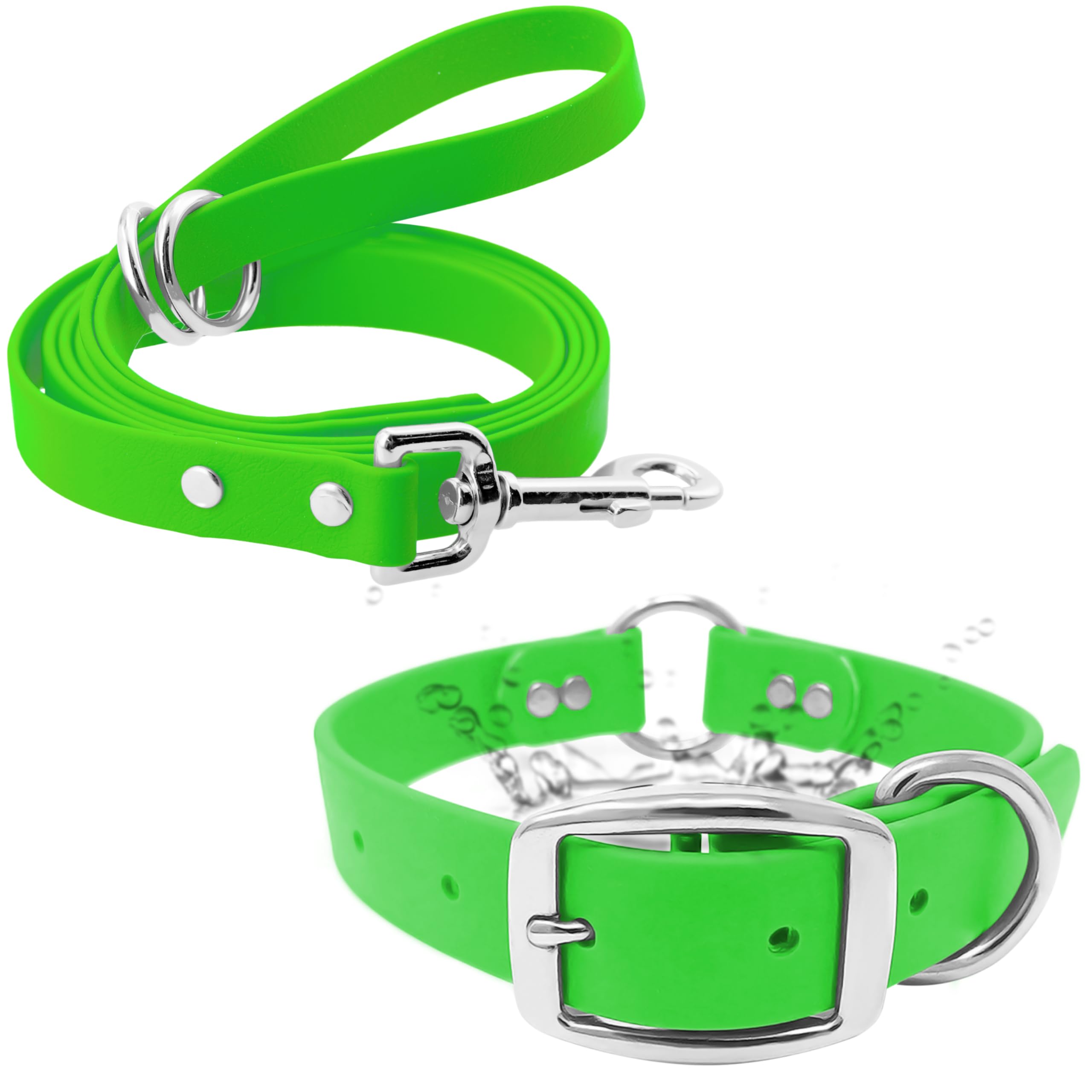 Regal Dog Products Collare e guinzaglio per Cani Resistenti all'Acqua Verde - Fettuccia Rivestita in Vinile su Misura, Doppia Fibbia e Anello a D per Cani di Taglia Media