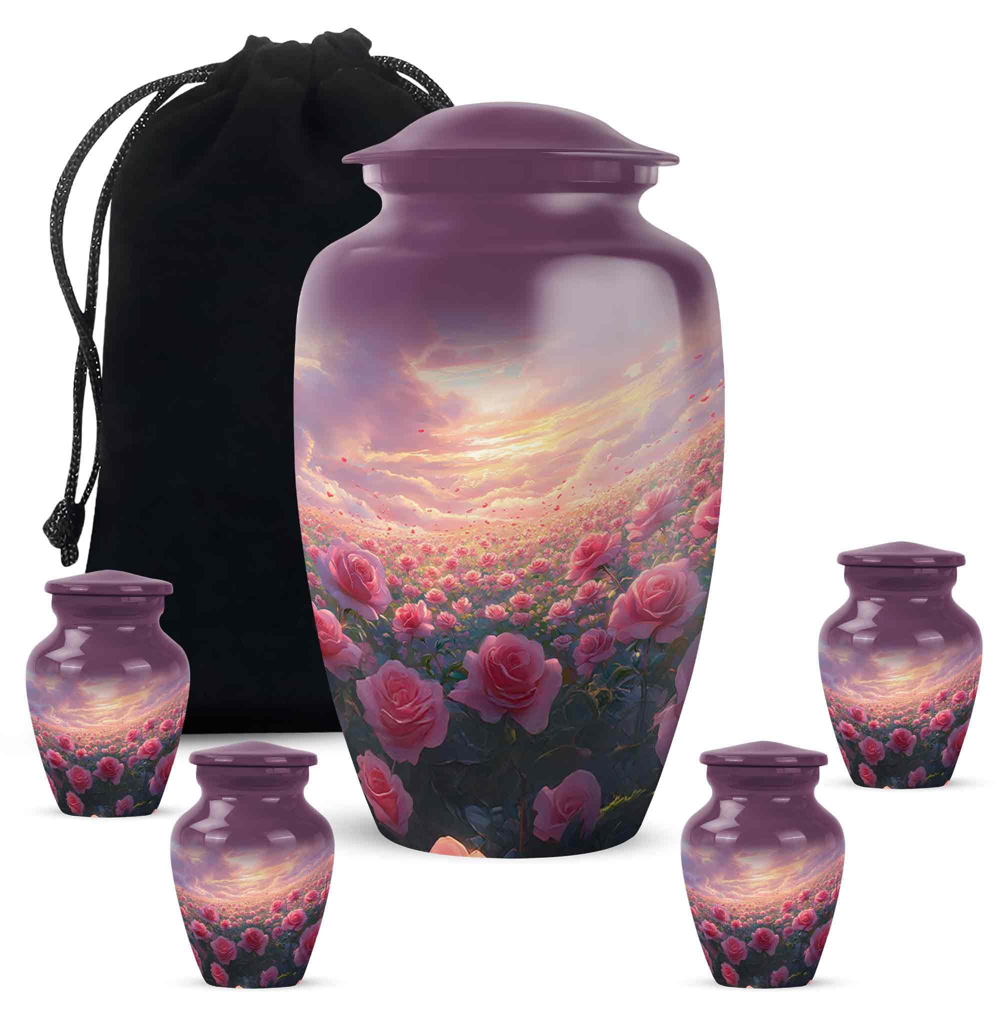 YATHABHISA Rose Cremation Urns for Ashes, Keepsake Memorial Gift for Men & Women, Burial Urn Humming Bird for Adult Human Ash, Purple, Combo (10 Inch & 3 Inch Mini Set of 4)