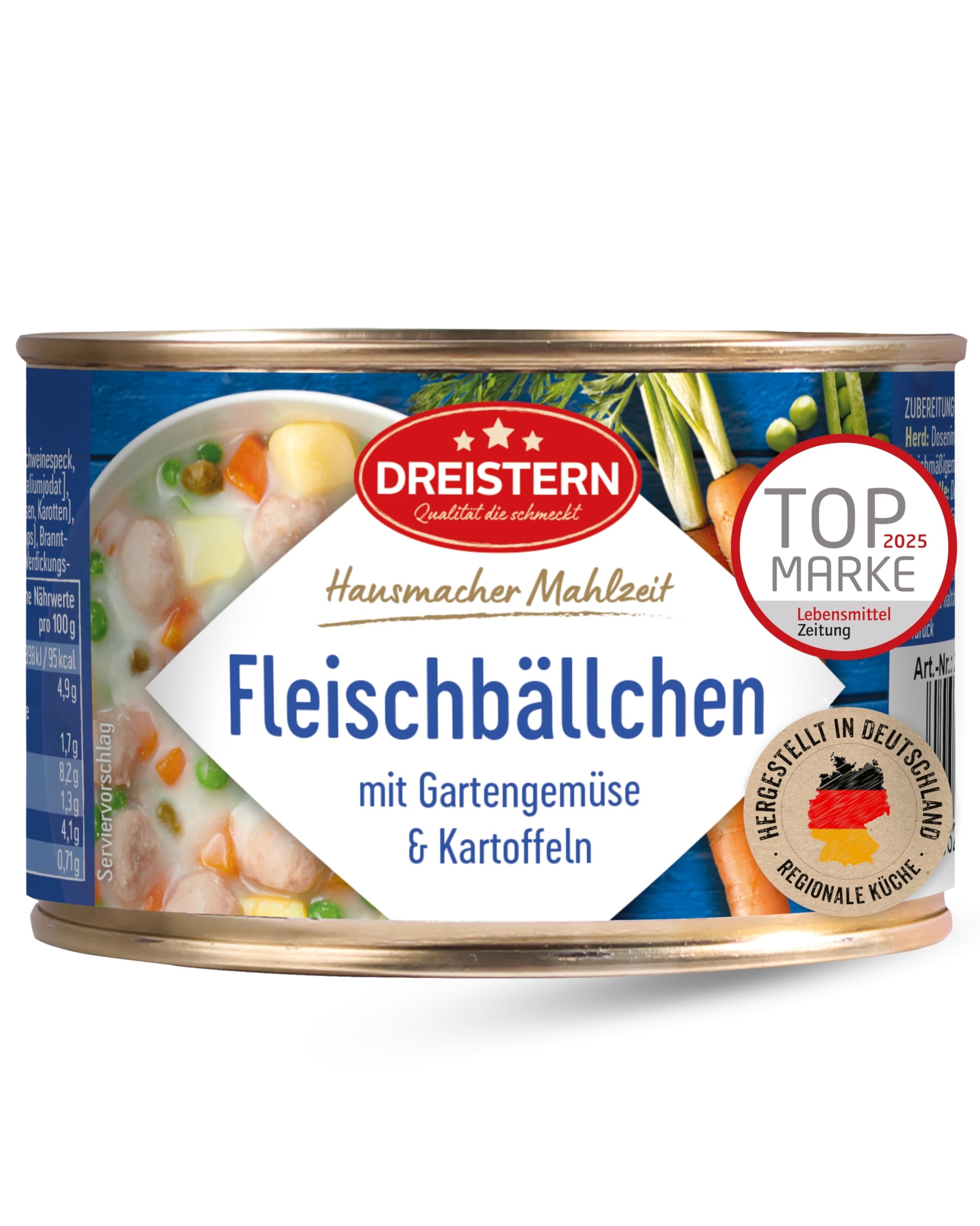 DREISTERN Fleischbällchen 400g I Mit Gemüse & Kartoffeln I Herzhaftes Fertiggericht in recyclebarer Konservendose I Lange Haltbarkeit dank natürlicher Konservierung I Hausmacher Qualität