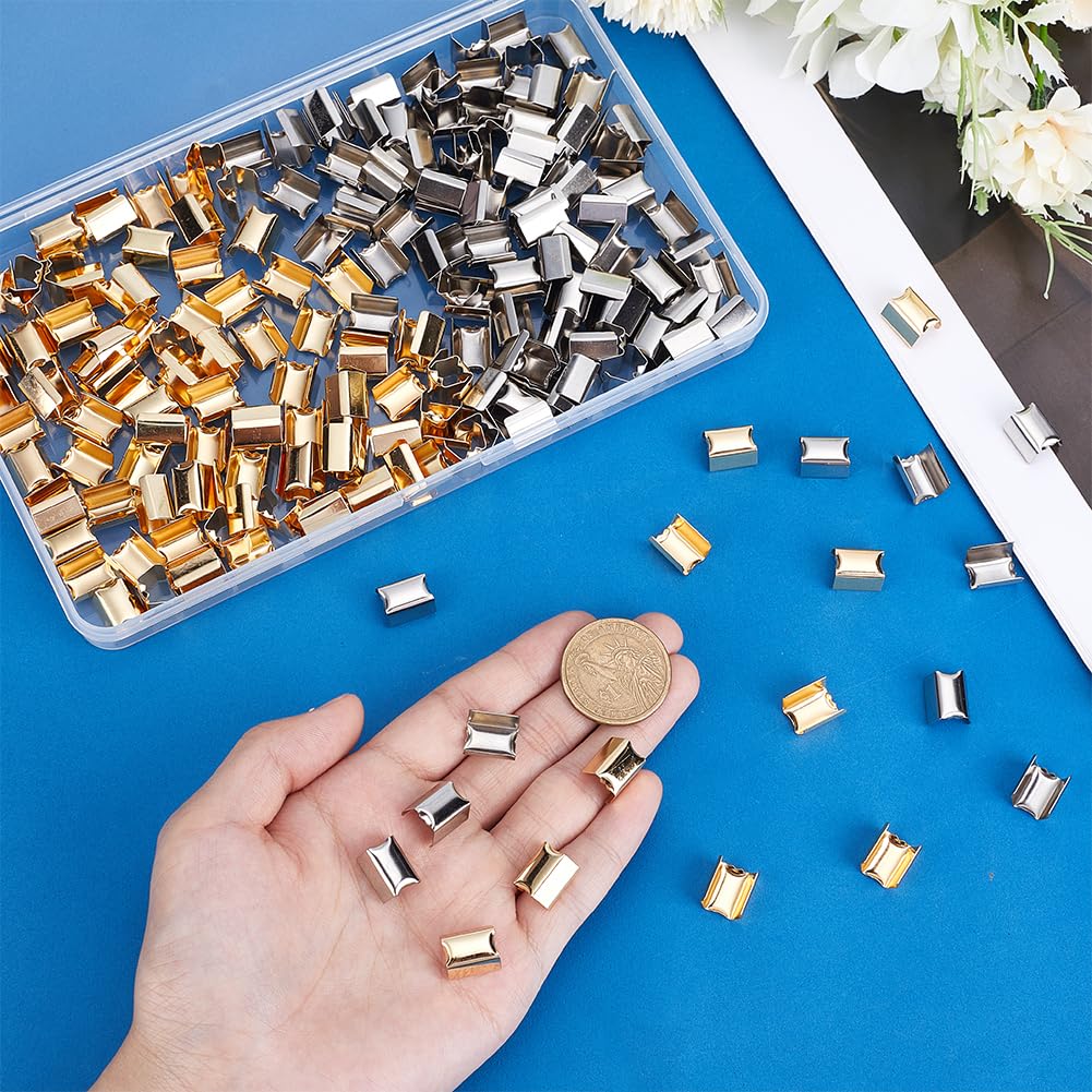 PH PandaHall 220pz Fermagli per Cordoncino in Metallo Terminali a Crimpare a Nastro, Fermagli in Corda di Pelle Argento e Oro per Braccialetti in Iuta Fai Da Te con Nappe in Macramè, 12x8mm