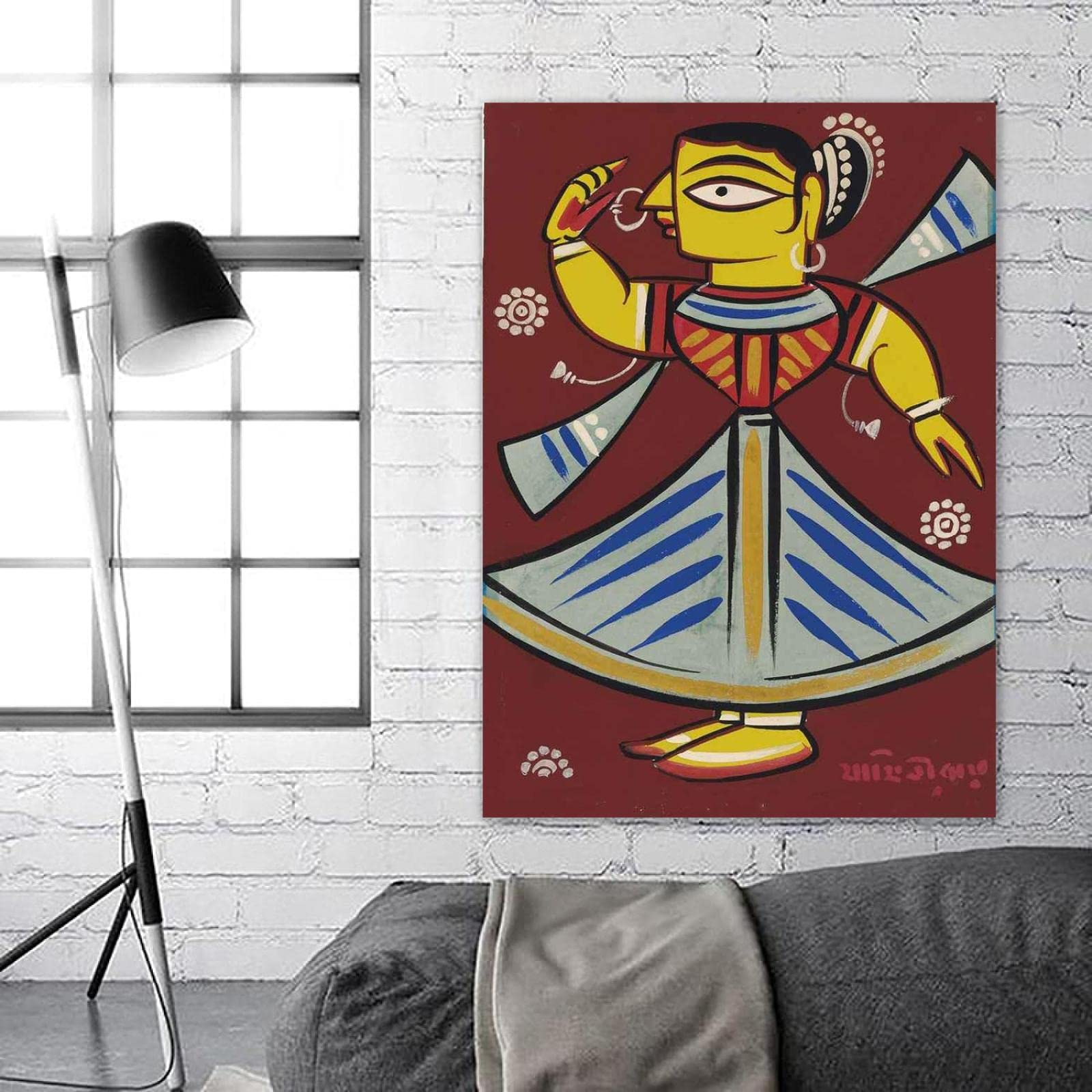 Jamini Roy słynne oprawione obrazy na ścianę - abstrakcyjne obrazy rozciągnięte na płótnie - "Bez tytułu, reprodukcja tancerza gotowa do powieszenia do salonu dekoracja 30 x 42 cm w ramie