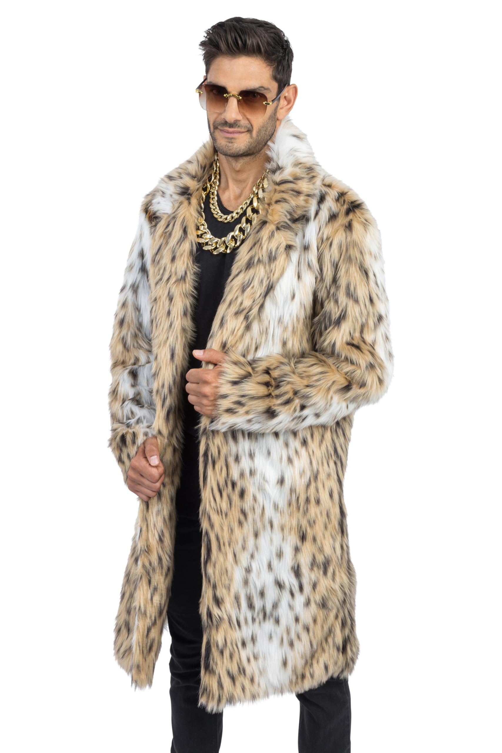 Chaks - Kunstfell Mantel Herren, Lange Jacke mit Leopardenmuster