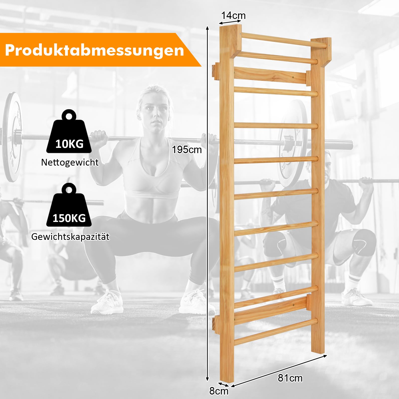 COSTWAY Ścianka ze szczeblami drewnianymi, z drążkiem do podciągania i 10 szczeblami, ścianka gimnastyczna, sprzęt sportowy, obciążenie 150 kg, rusztowanie wspinaczkowe do użytku wewnątrz dla