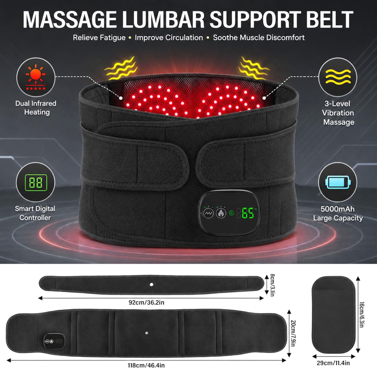 Cinturón térmico para espalda, almohadilla térmica con apagado automático y batería de 5000 mAh, almohadilla térmica para espalda, 3 niveles de calor, masajeador para aliviar el dolor de espalda y
