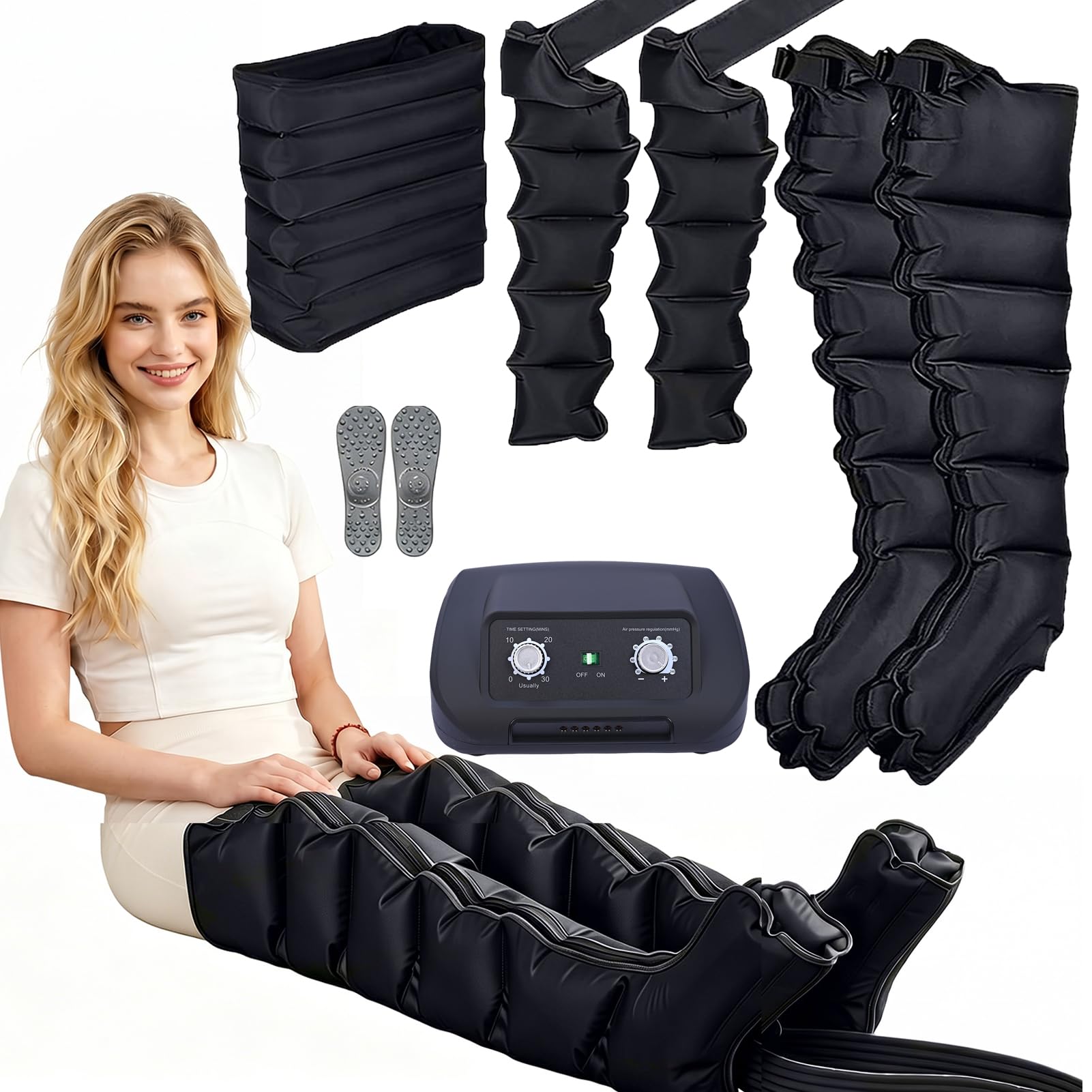 Presoterapia Piernas y Abdomen,Botas Presoterapia 6 Camaras Profesional,Masajeador Piernas Silenciosas,Drenaje Linfatico 0-240 mmHg,0-30 Min,Recuperación Muscular