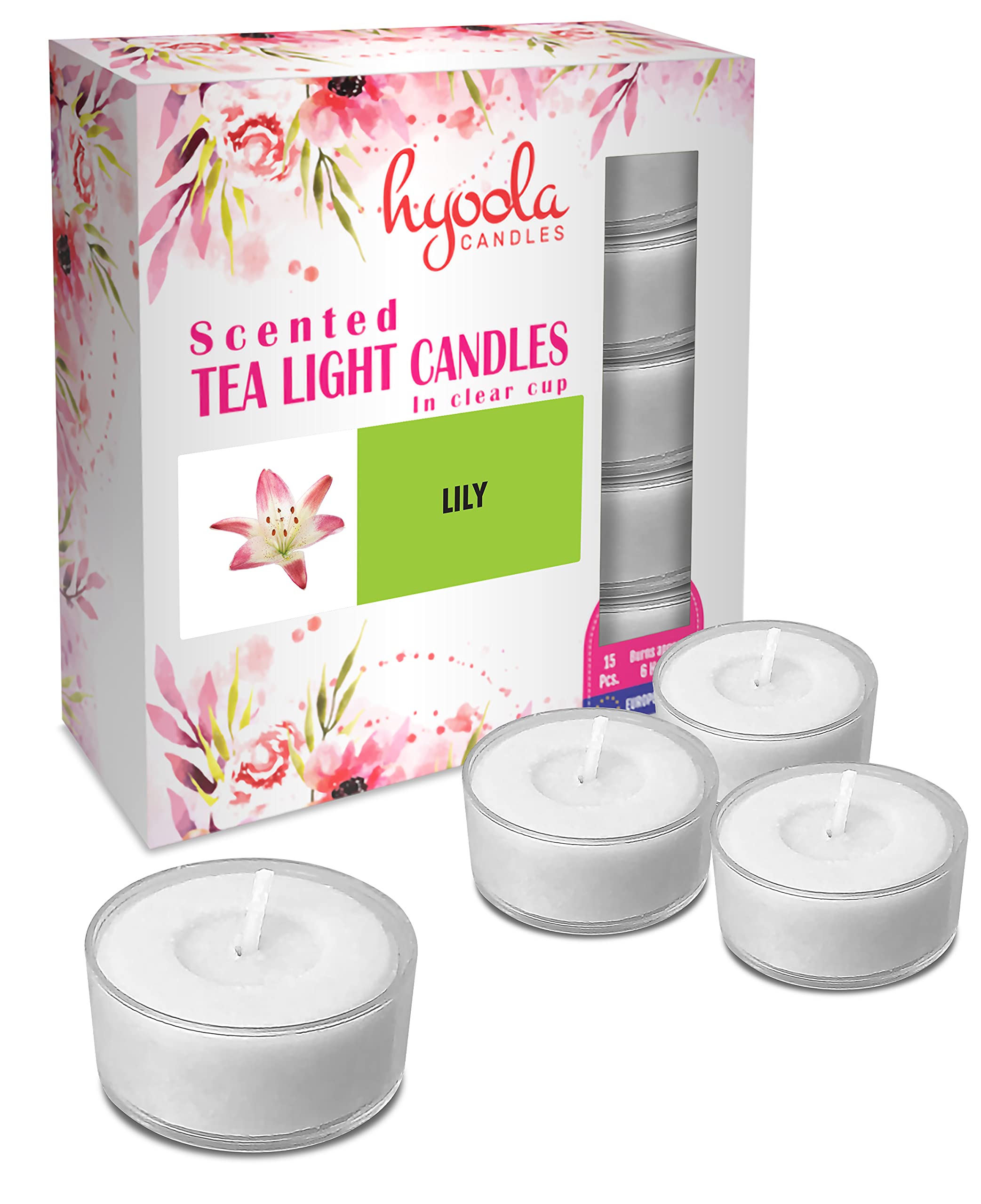 Scented Tealight Candles - Clear Cup - Lily Scented Tealights Candles - 6 Hour Burn Time - 15 Pack - European Made