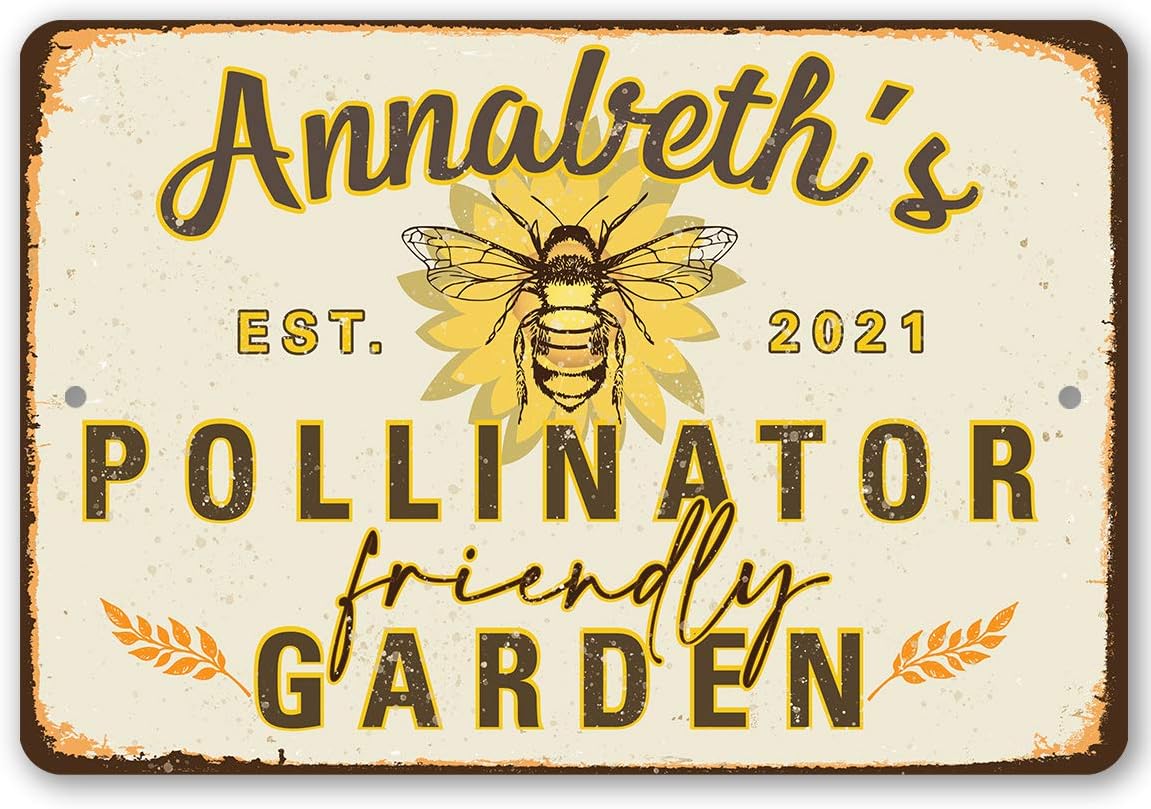 Personalized Pollinator Friendly Sign - Custom Garden Sign and Decor, Great Farmhouse Display and Bee Farm Decoration, Honey Bee Sunflower Decor, 8x12 or 12x18 Indoors or Outdoors Durable Metal Sign