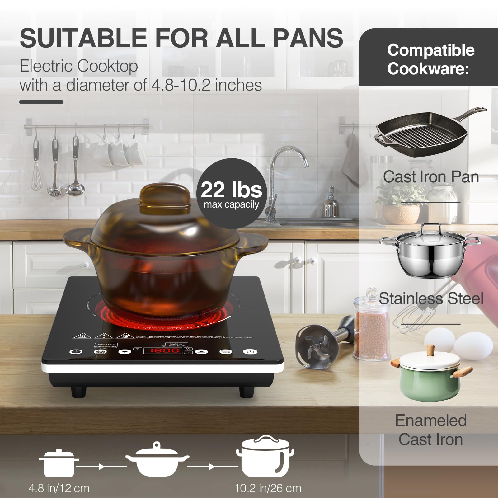 ANHANE 1800W Electric Cooktop, 110V Single Burner Stove with Overheat Protection and Adjustable Power Levels - Portable Ceramic Stove for Kitchen, Travel, RV view 4
