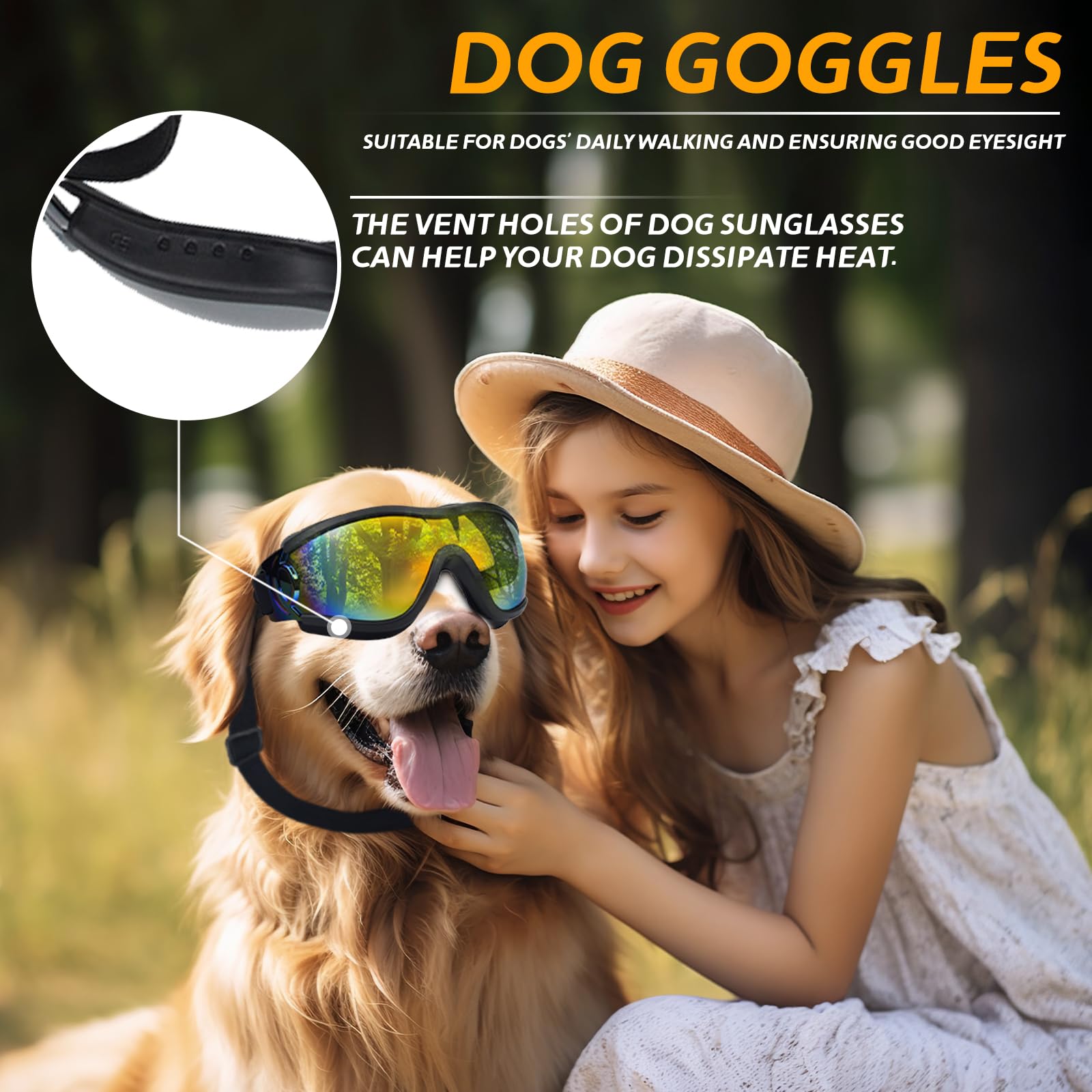 Occhiali per Cani, Occhiali da Sole per Cani con Cinturino Regolabile, Ai Raggi UV con Cinturino Elastico Regolabile Antivento Impermeabili (Black Red)