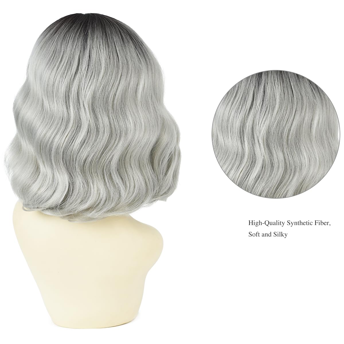 BUYOGET Wavy Bob Wig with Bangs Synthetic Hair Shoulder Length 12 Inch Short Curly Wigs for Women Silver Gray - Image 3