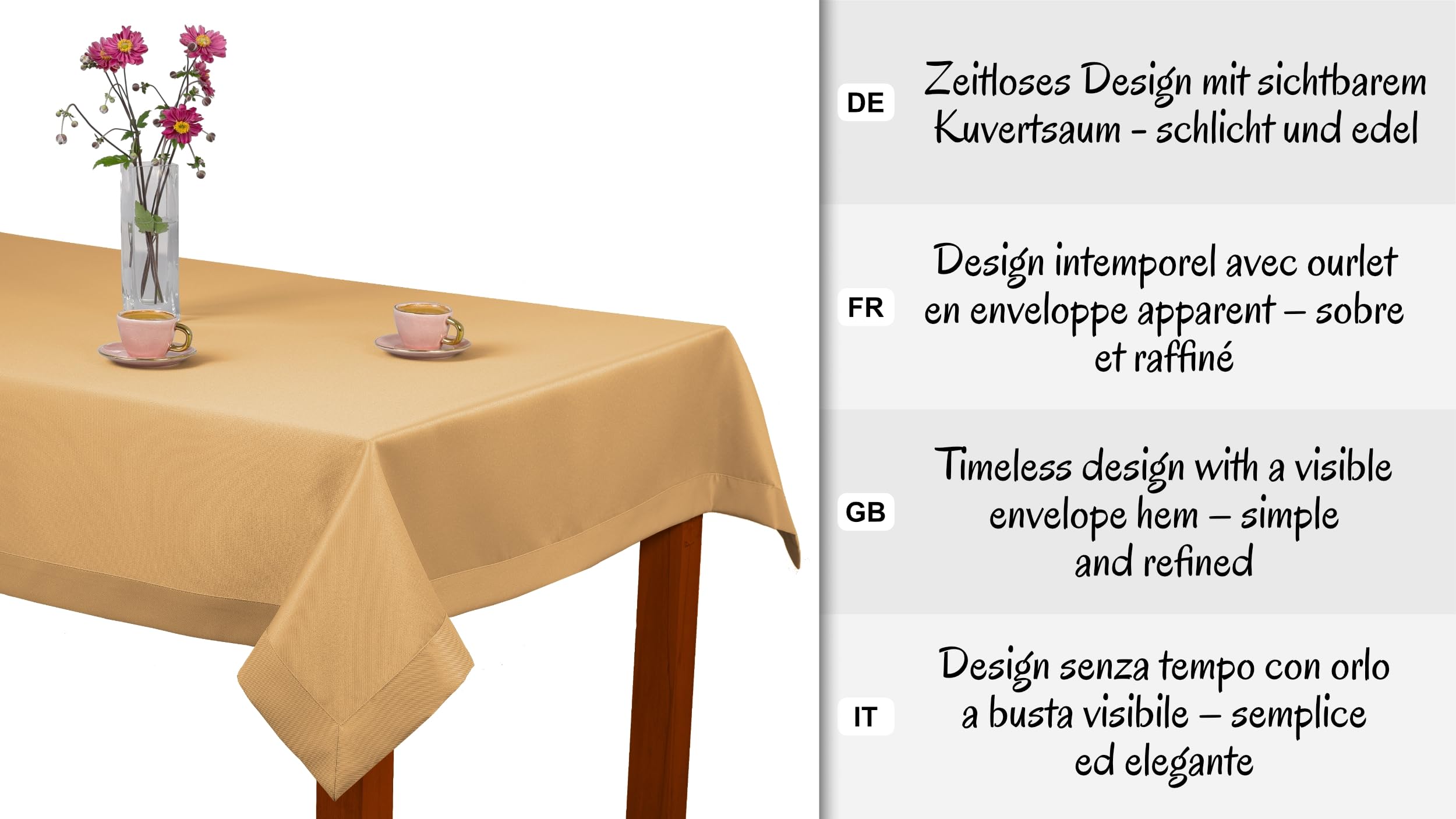 Tischdecke Classic Elegance Honigfarben 130x170 cm, Uni Glatt Elegant mit 5 cm Kuvertsaum Fleckabweisend mit Lotuseffekt 100% Polyester, O5 H200 342