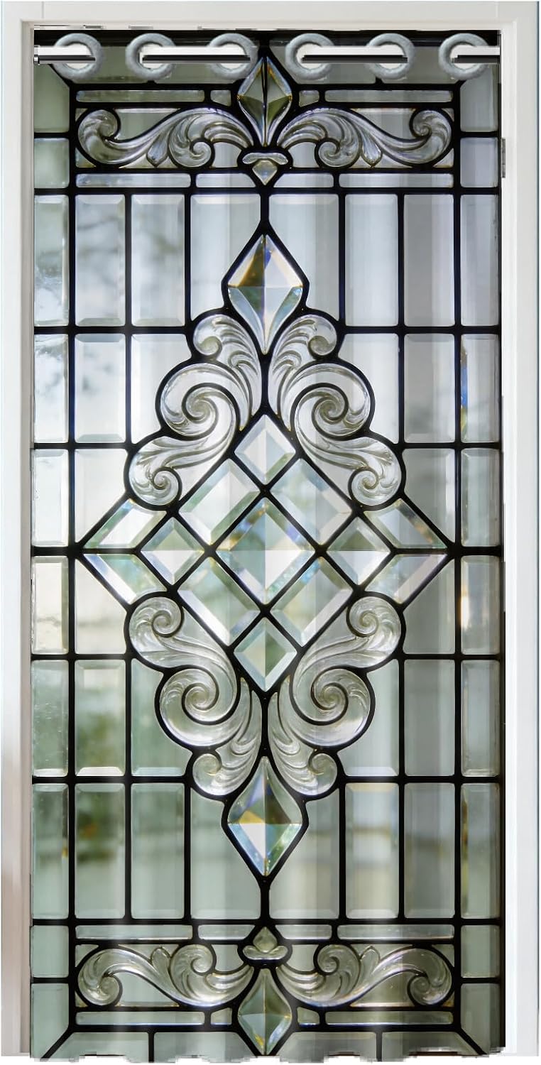 Transparent Glass Door with Retro Pattern Door Curtain Doorway Curtain Folding Room Divider Curtains for Home Restaurant Door Decor, 78x39 Inch