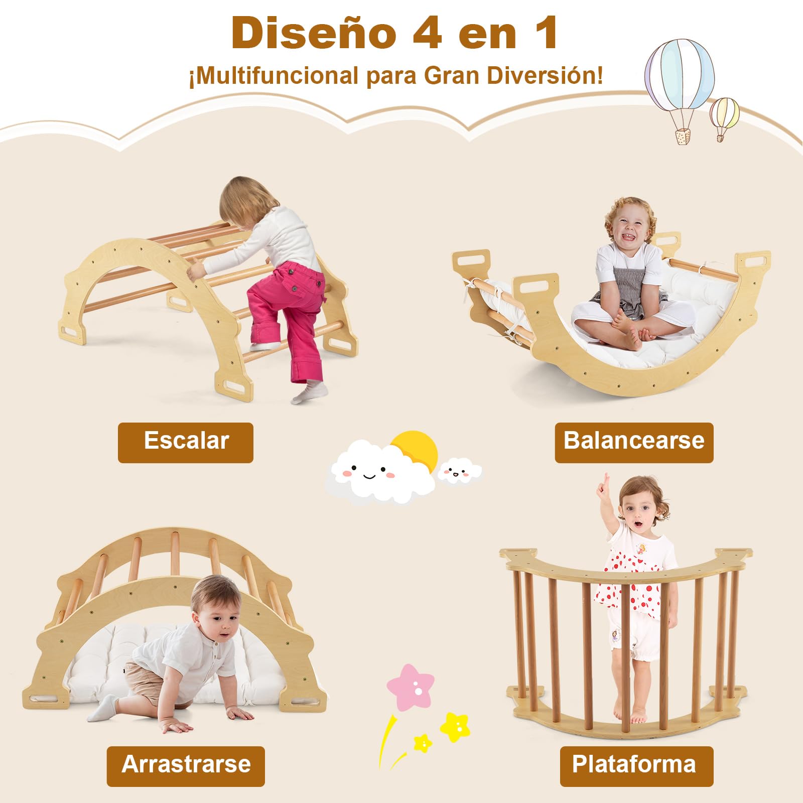 GOPLUS 3 en 1 Triángulo de Escalada para Niños, Arco de Escalada de Doble Cara con Cojín, Arco Montessori con Asideros Convenientes y Diseño Antivolteo, Carga 50KG, para Niños de 1+ Años (Natural)