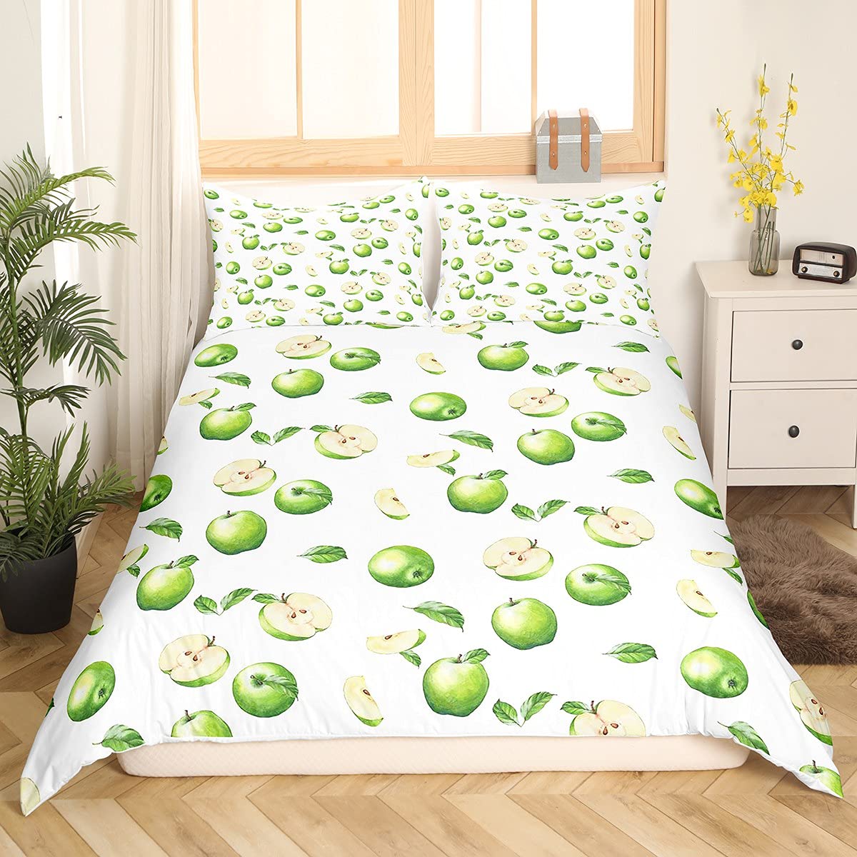 Homemissing Apple Bedding Set for Girls Boys Children Kids Cute Green Apples Comforter Cover Fruits Duvet Cover Vibrant Bright Leaves Bedding & Linen Single Size 2Pcs - Image 3