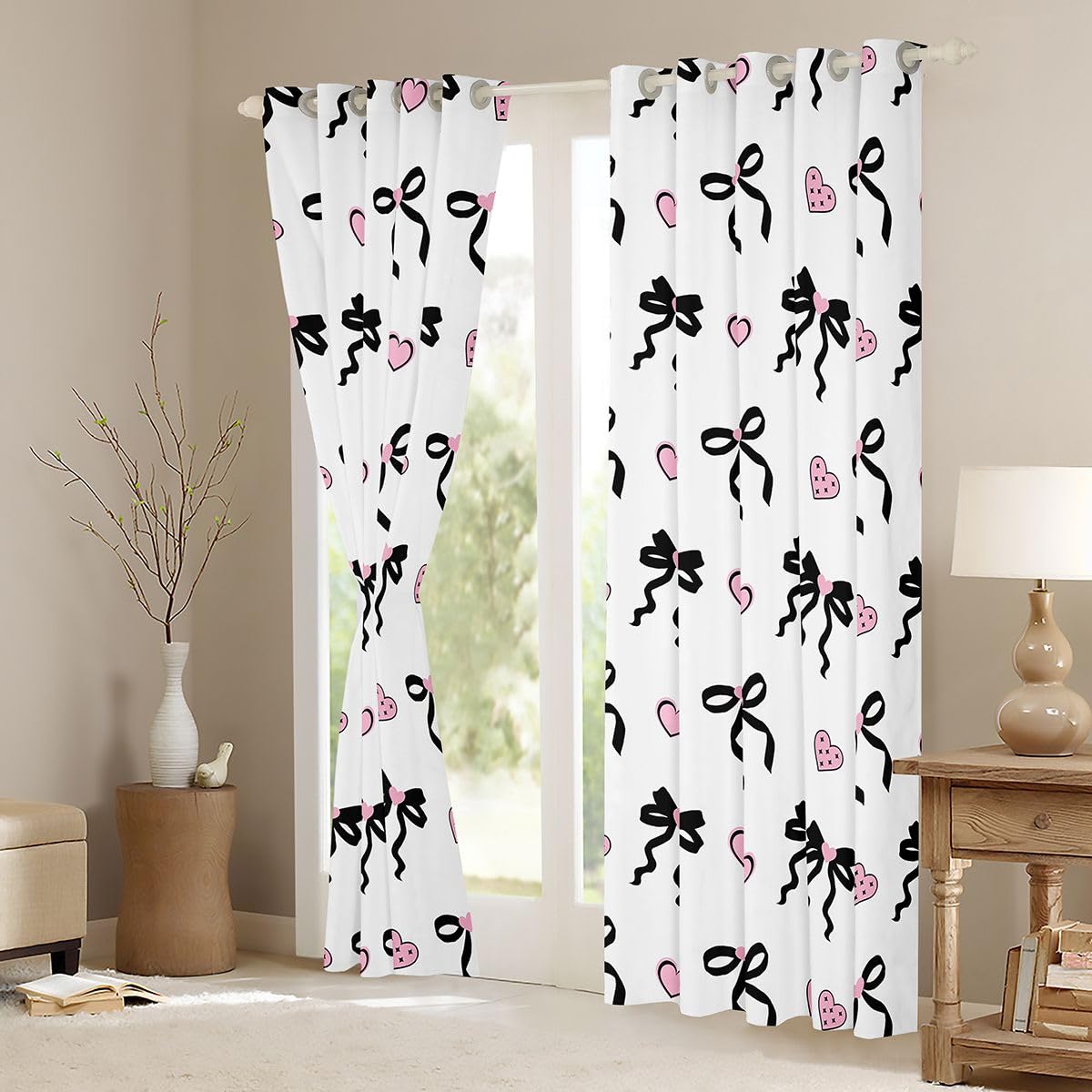 Homewish Kokarda księżniczki czarno-różowe urocze zasłony okienne 168 x 183 cm, 2 zestawy paneli – miłosne serca zasłony zaciemniające kokarda kawaii zasłony okienne marzycielskie do sypialni
