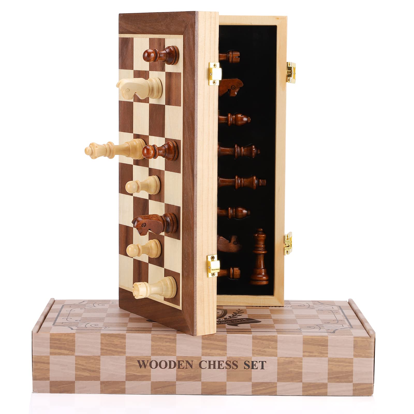 Hnoerin Chess Board, Chess Sets for Adults, Magnetic Chess Set Wooden Travel Chess Set for Kids, Folding Chess Board Set with Crafted Chess Pieces Includes Extra Queens, Great Gifts for Friends