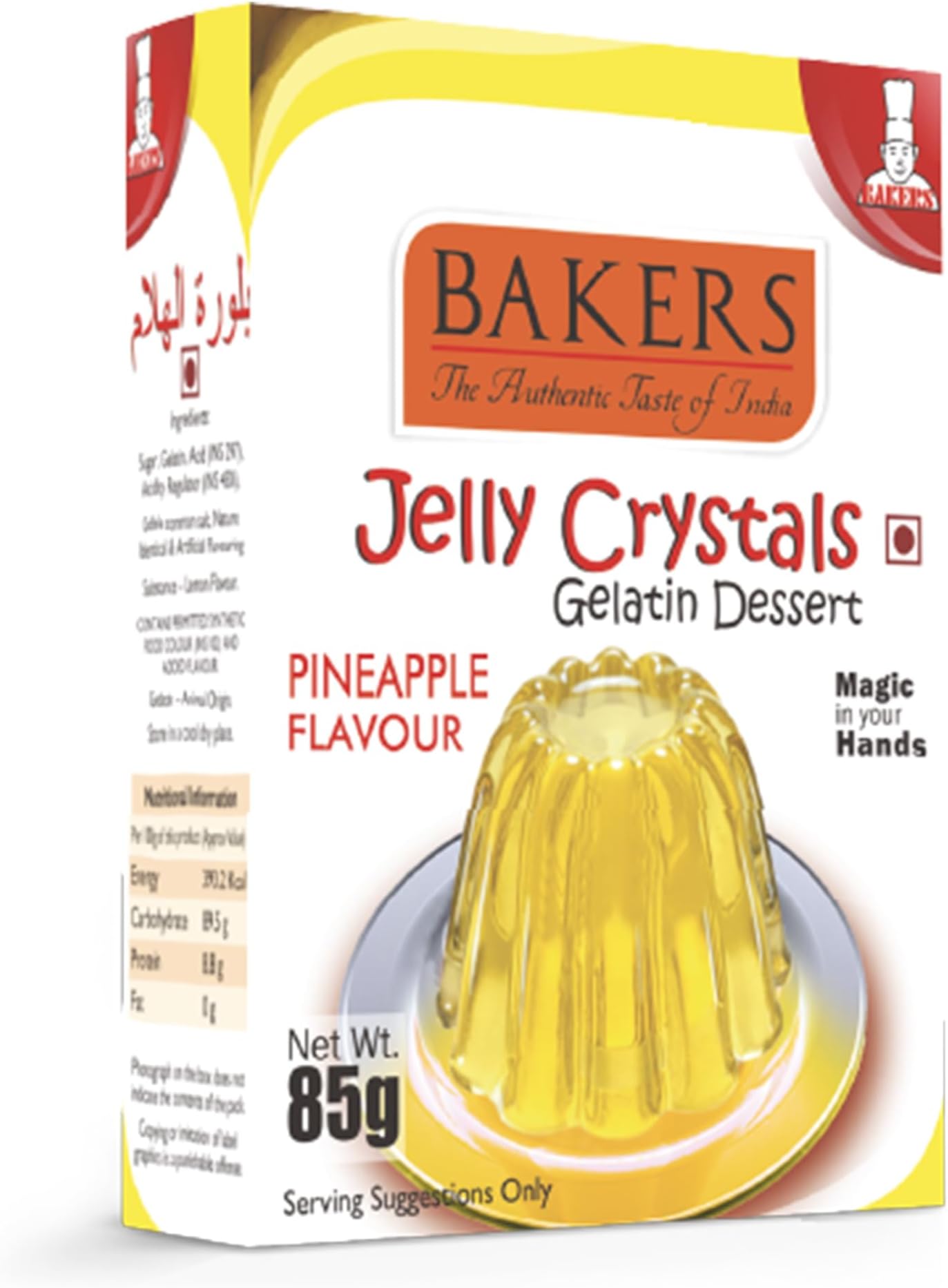 BAKERS Jelly Crystals (Gelatin Dessert) | Pineapple Flavour | Colorful | No Sugar Needed | Easy-to-Make | Instant Premix | Pack of 3 (85 gm x 3)