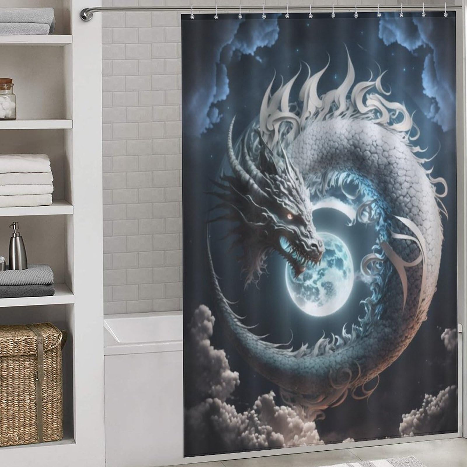 Rideau de douche dragon en tissu lavable imperméable 152x183cm pour baignoire