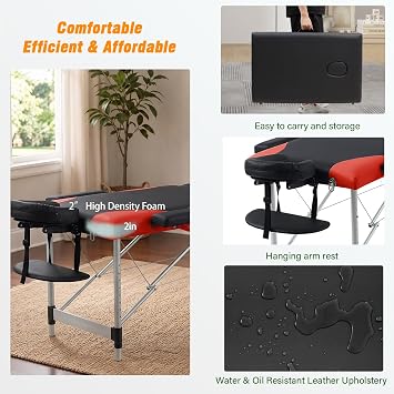 Gaussen Portable Massage Table,84 Massage Tables Portable with Neck Stretcher 3 Fold Adjustable Height Lash Bed Massage Bed Tattoo Table for Eyelash Spa (Aluminum, Black+Red-3 Folding)