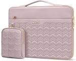 MOSISO 360 Protective Laptop Sleeve 13-13.3 inch, Compatible with MacBook Air 13 M2 M1, Compatible with MacBook Pro 13/14, Wavy Quilted Side Open Bag with Horizontal Pockets&Small Case, Pink