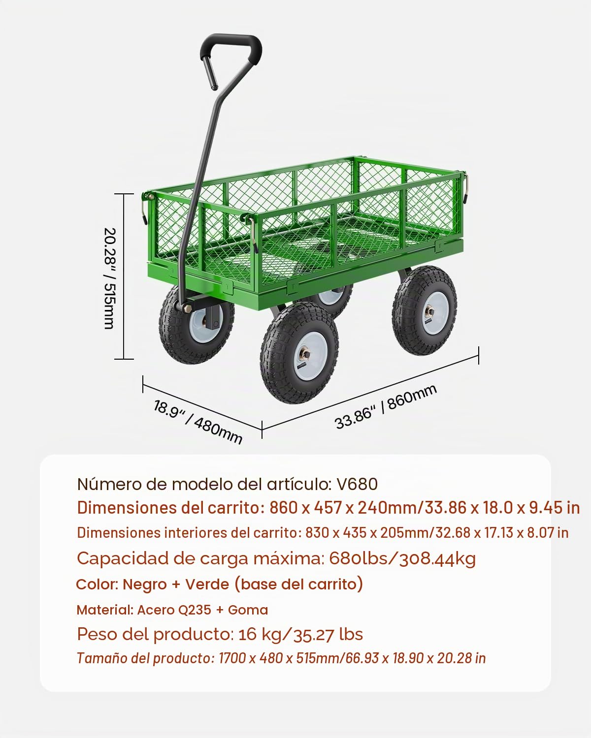VEVOR Carrito de Jardín de Acero de 1700 x 480 x 515 mm con Neumáticos de 10", Laterales de Malla Extraíbles y Manija Giratoria de 180° para Exterior, Capacidad máxima de Carga de 308,44 kg, Verde
