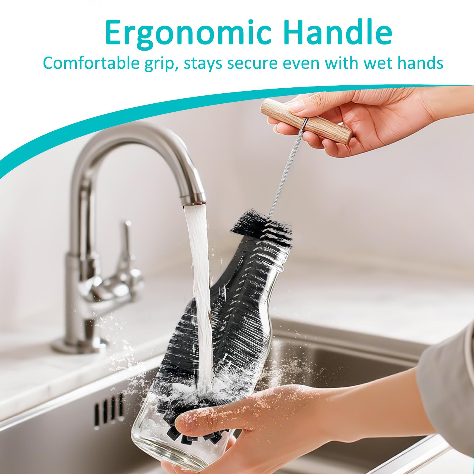 Bottle Brushes for Cleaning Scratch-Free Bottle Cleaner Brush with Wood Handle - Image 4