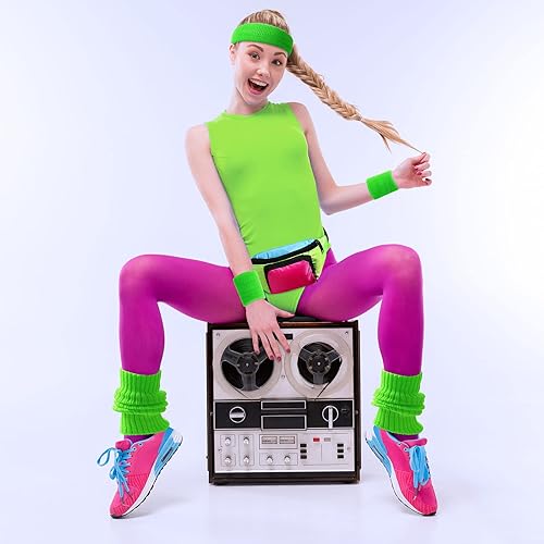 Miniatura 6 de Xuniea 6 unidades de disfraces de entrenamiento de los años 80 y 90, calentadores de piernas de neón, diadema, muñequeras, riñonera para fiestas