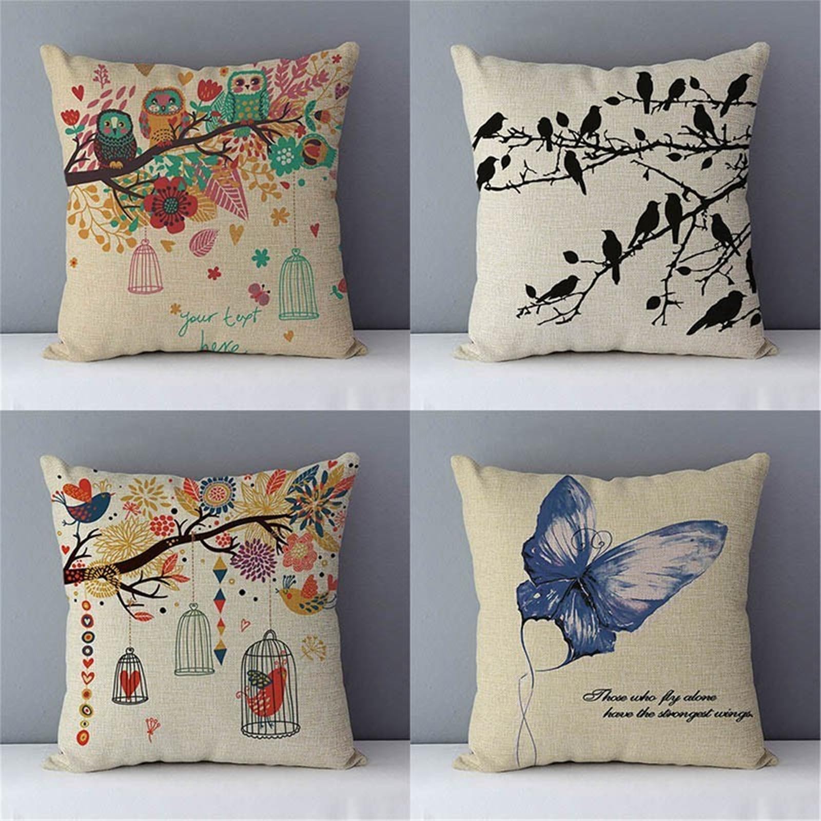 Taie d'oreiller decoration 65x65cm en lin tisse haut de gamme motif oiseau pour lit et canape