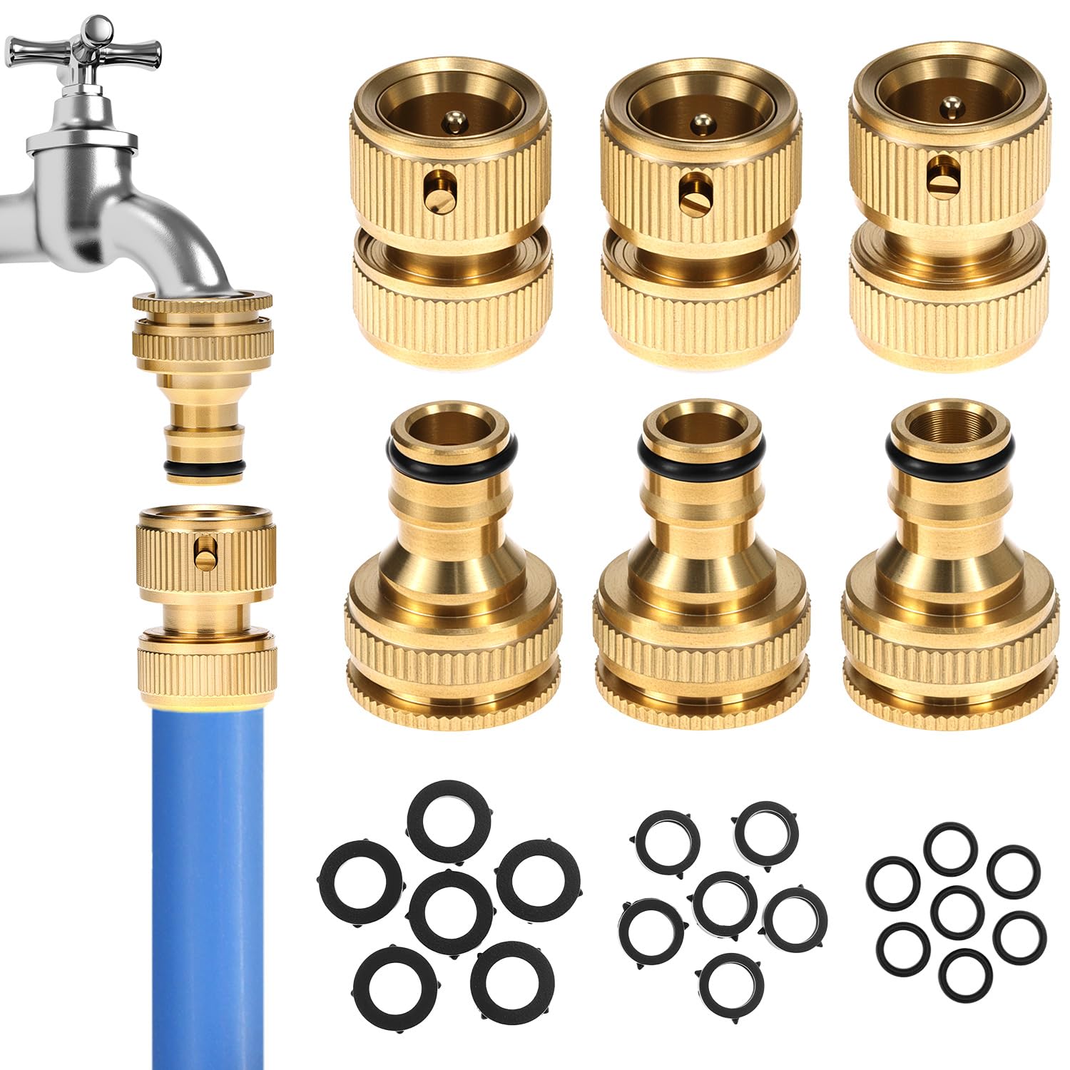 QWORK® 6 Pieces Brass Hose Quick Connector Kit, No-Leak Connectors 1/2