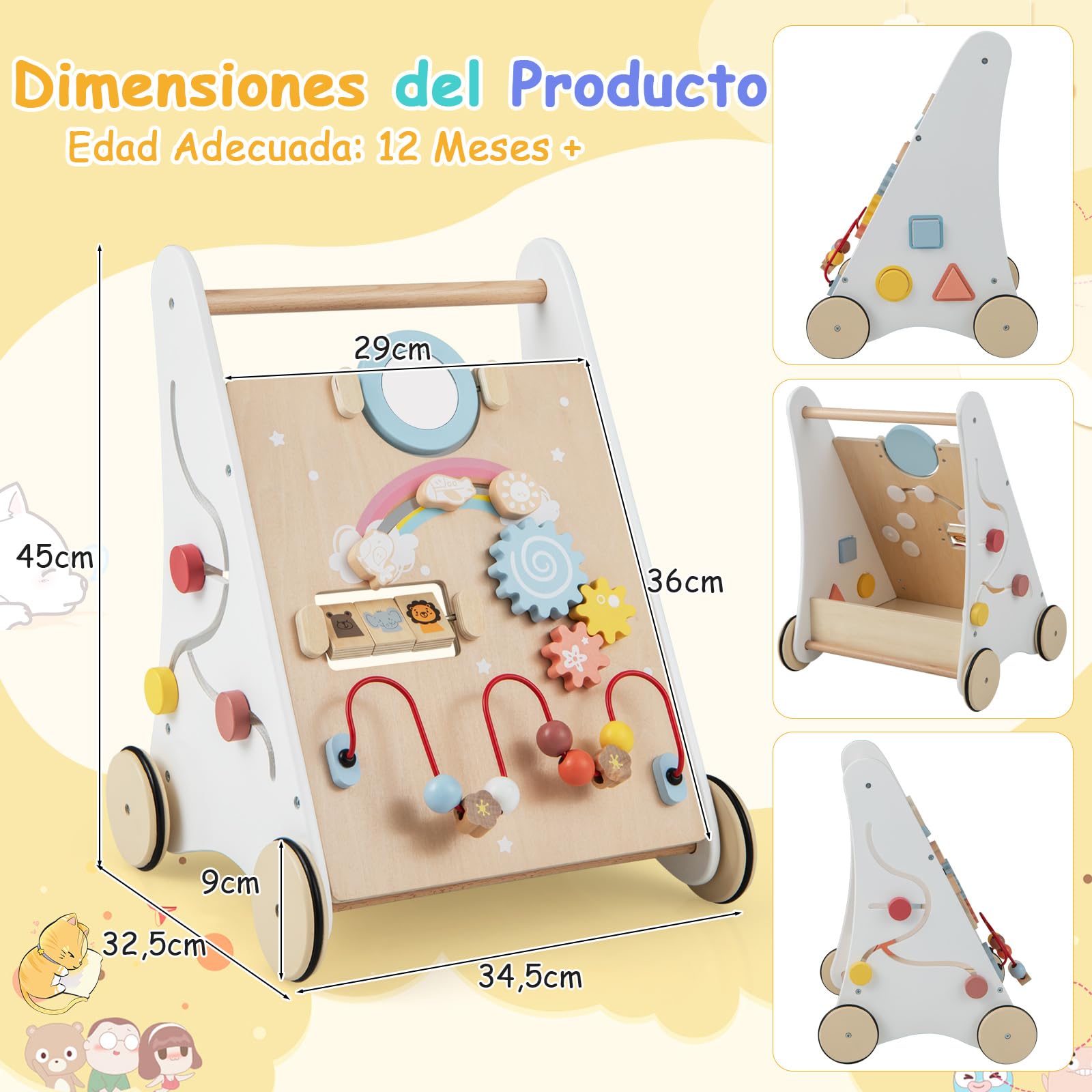 COSTWAY Andador Bebes de Madera, 7 en 1 Andador de Aprendizaje para Empujar/Jalar, Juguetes de Actividad de Madera, Desarrolla las Habilidades Motoras, Juguete para Caminar para Niños de 1+ Años
