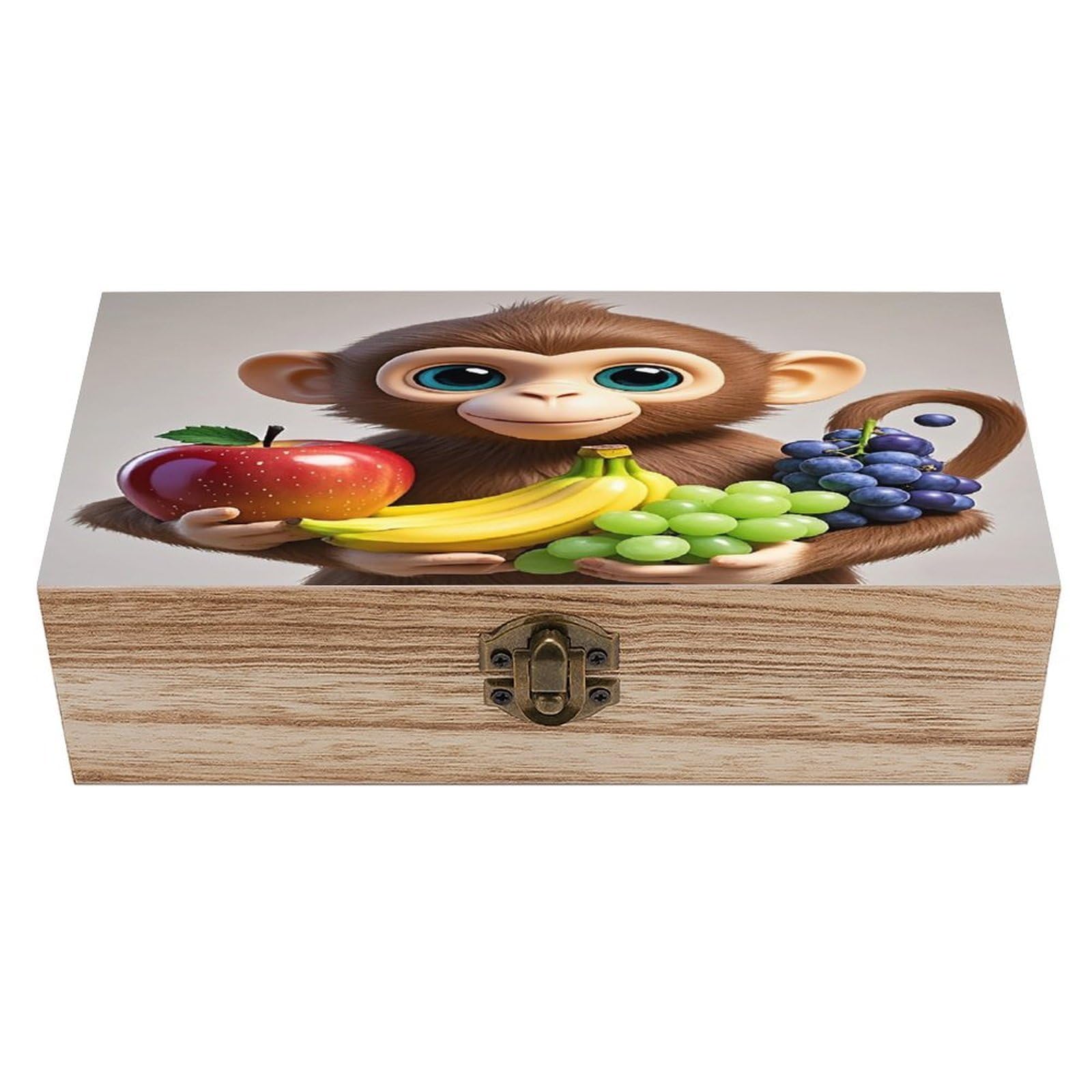 FekiLoot Cartoon Monkey Holding Fruit Wooden Storage Box Exquisite Wood Keepsake Box Vintage Wooden Gift Jewelry Case for Crafts And Photo Storage Boxes
