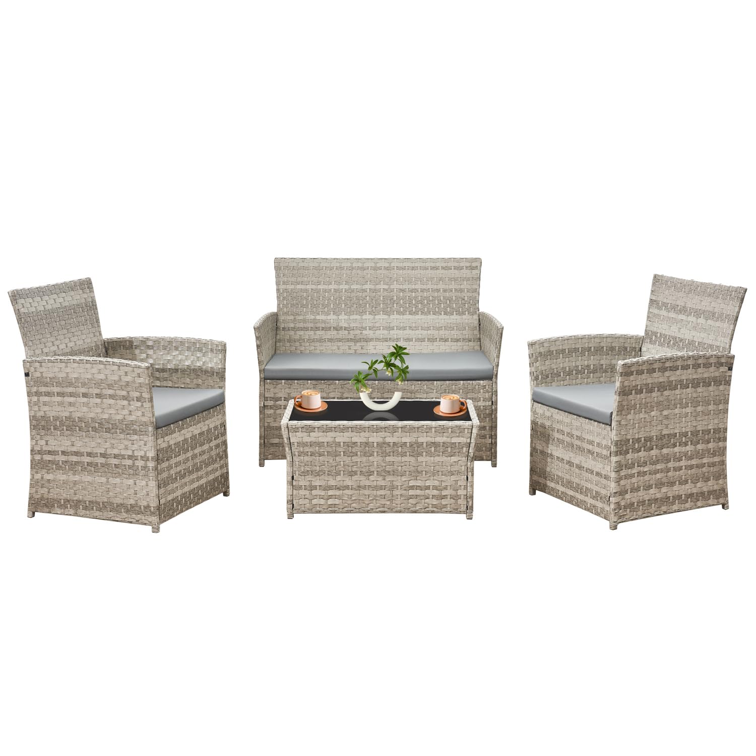 4-Piece Rattan Garden Furniture Set with Glass Coffee Table, Double Loveseat & 2 Cushioned Chairs, Weather-Resistant Patio Sofa Set- Modern PE Wicker Design for Conservatory, Balcony & Poolside