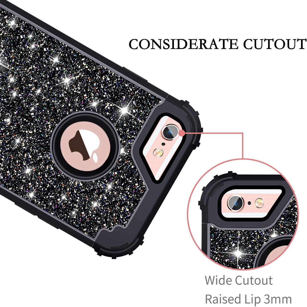 Casetego Compatible with iPhone 6S Case,iPhone 6 Case,Glitter Sparkle Bling Three Layer Heavy Duty Hybrid Sturdy Shockproof Protective Cover Case for Apple iPhone 6/6S,Shiny Black