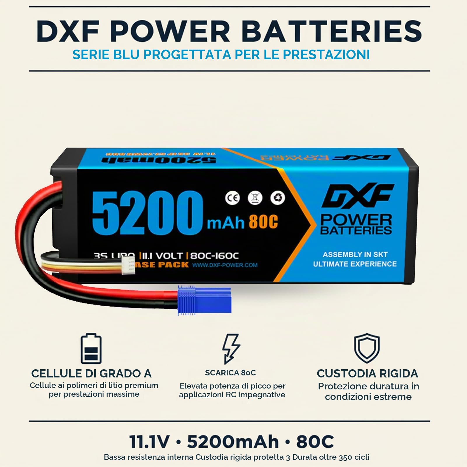 DXF Batteria LiPo 3S 11.1V 5200mAh 80C Spina EC5 Elicottero Aereo Barca Auto RC Alte Prestazioni Potente Leggera Gare Racing Modellismo Brushless 2 Pezzi