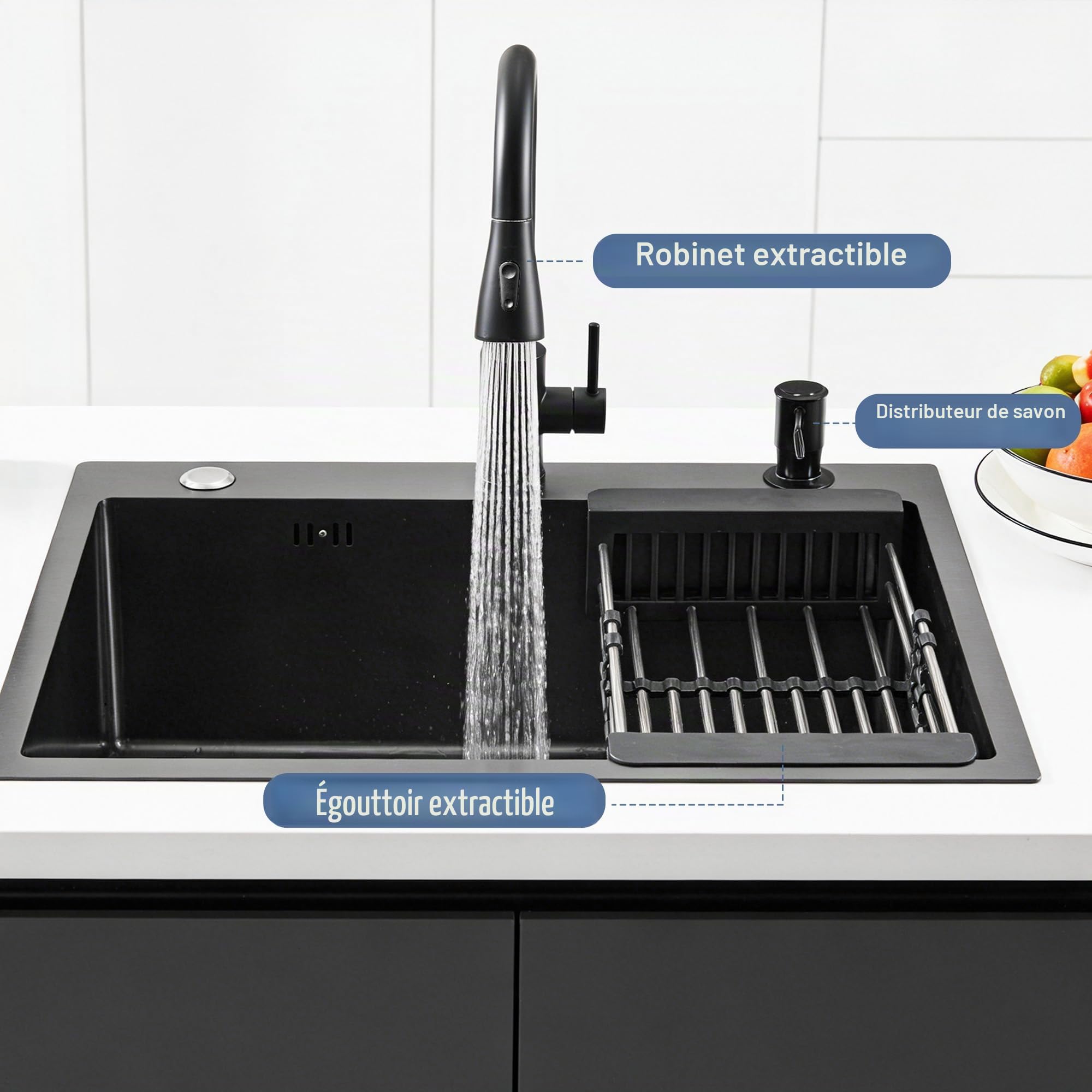 Évier Cuisine Noir en Acier Inoxydable 68x45cm –1 Bac avec Robinet | Avec Égouttoir et Distributeur de Savon – Finition PVD Résistante aux Rayures – Kit Complet avec Siphon et Trop-plein