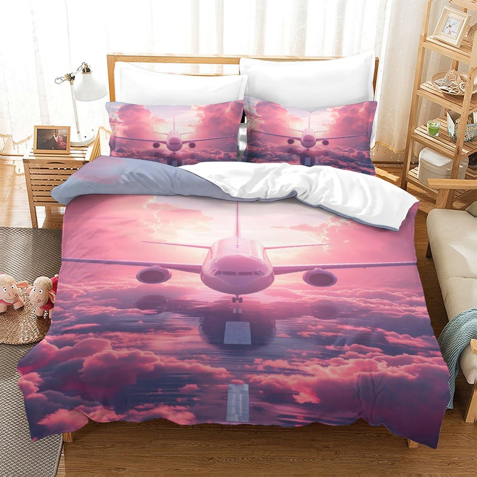 Housse de couette avion 3D microfibre 140x200 parure 3 pièces