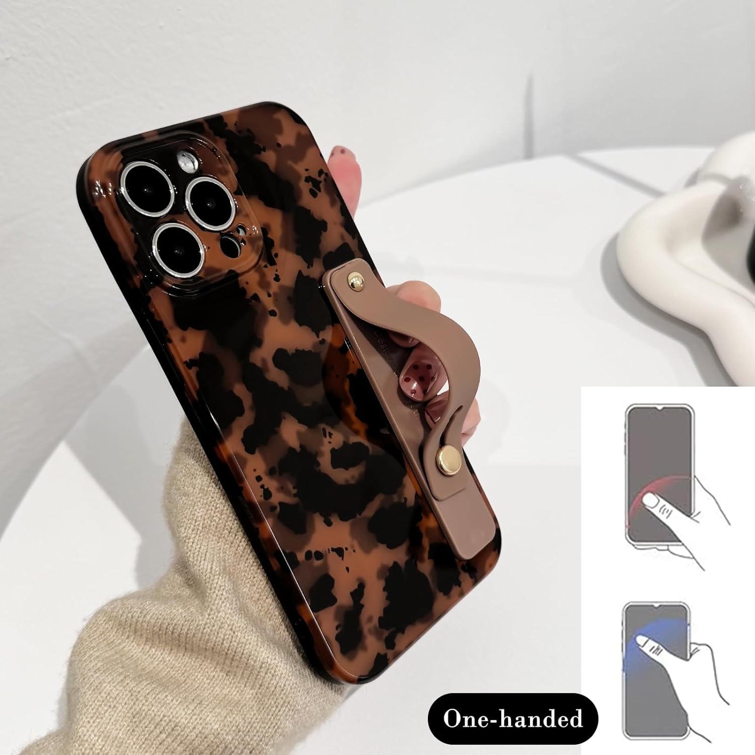 NITITOP Compatible with iPhone 15 Pro Max Case with Wrist Strap Cute Stylish Leopard Aesthetic Tortoise Amber Design for Women Girls Men Soft TPU Shockproof Protective Cover - Black - Image 4