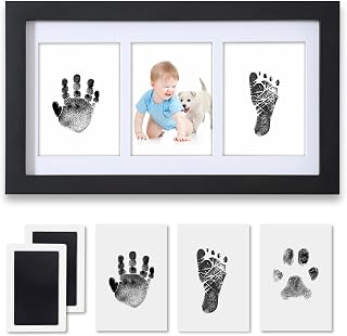 Hand and Footprint Kit,Inkless Handprint Kit with 2 Safe Clean-Touch Ink Pads and a Wooden Baby Picture Frame Gifts for New Parents, Shower Gift-Black