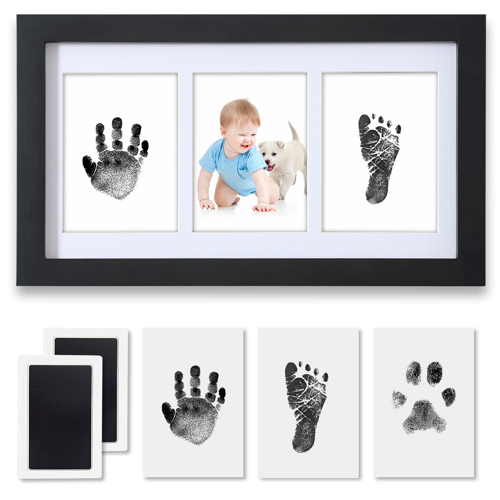 PewinGo Hand and Footprint Kit,Inkless Handprint Kit with 2 Safe Clean-Touch Ink Pads and a Wooden Baby Picture Frame Gifts for New Parents, Shower