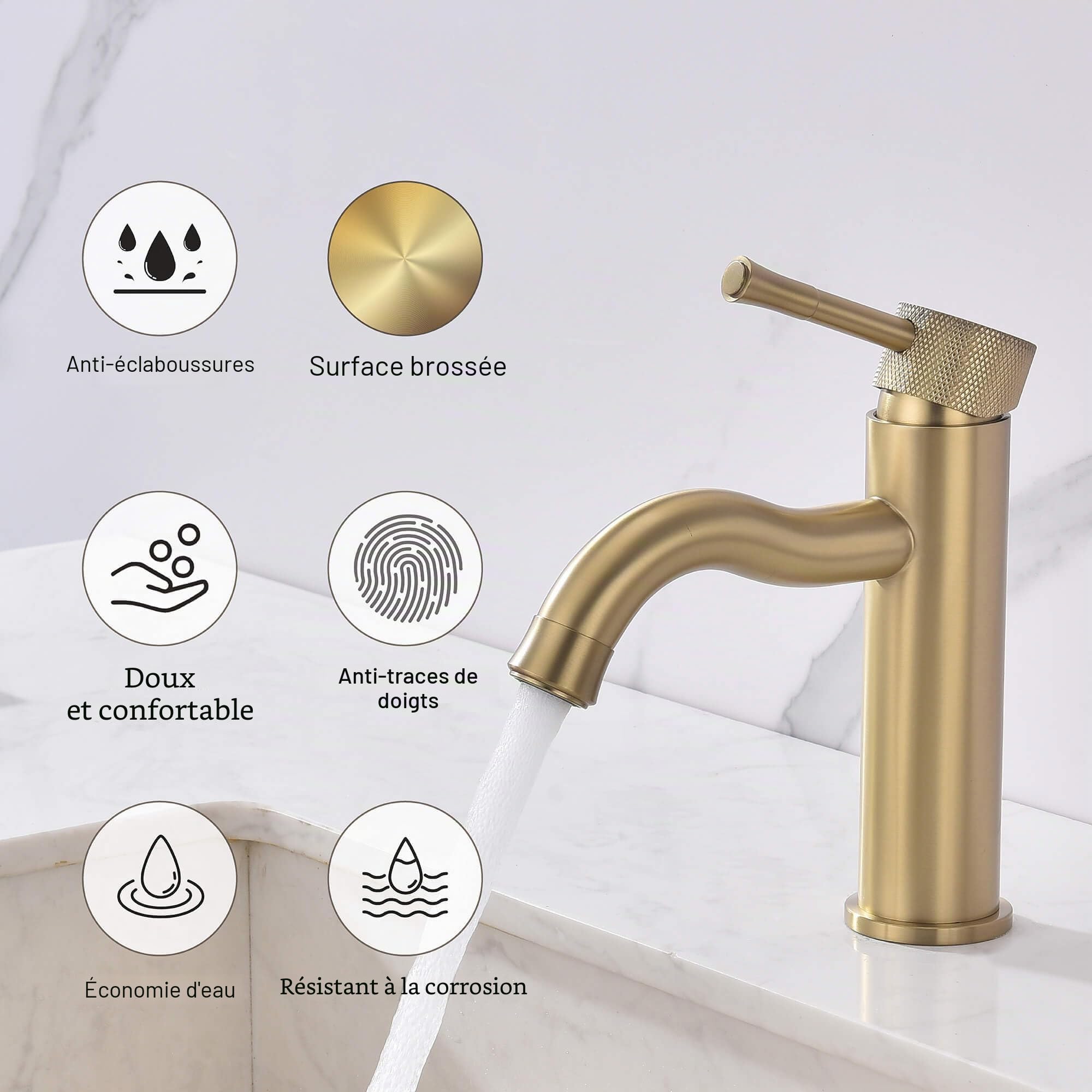 Robinet de salle de bain à poignée unique en or brossé avec pulvérisateur et aérateur