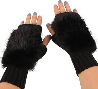 Flammi Women Wool Knit Fingerless Gloves Furry Mittens Wrist Warmers
