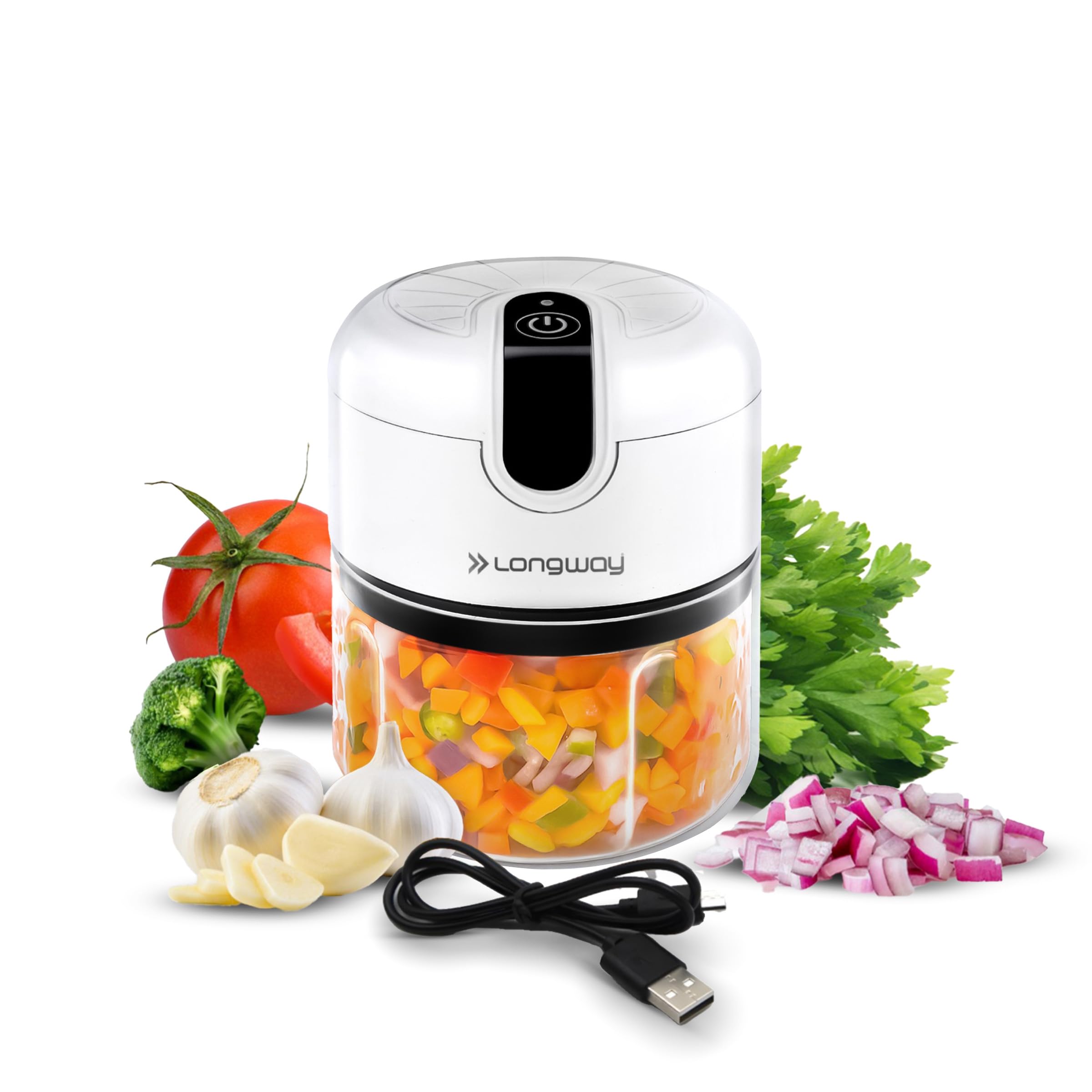 Longway Slicer Rechargeable Mini Electric Chopper | 250ml Food Grade Bowl | Stainless Steel Blades | Chopping & Mincing Garlic, Onion, Ginger, Vegetable, Meat, Nuts | 1 Year Warranty (White)-image-36