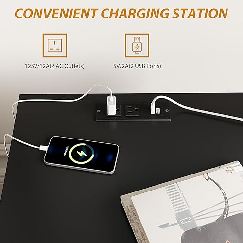 Miniatura 7 de FOTOSOK Juego de 2 mesitas de noche negras de 26 pulgadas de alto, con estación de carga, mesita de noche negra con puertos USB y tomas de