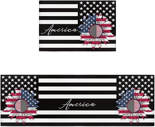 Kitchen Rug Mats Set of 2 Piece Black American Flag Non Slip Cushioned Rug Stars Sunflower Anti-Fatigue Washable Comfort Floor Mat Carpets 4th of