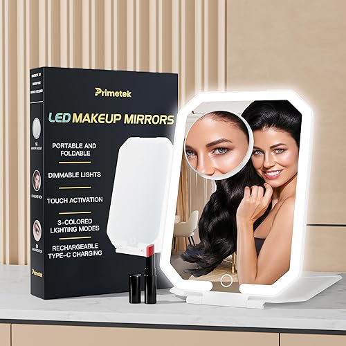 Miniatura 1 de PRIMETEK Espejo portátil de maquillaje de viaje de 10 pulgadas con luces, espejo cosmético recargable con iluminación LED, 3 modos de iluminación de