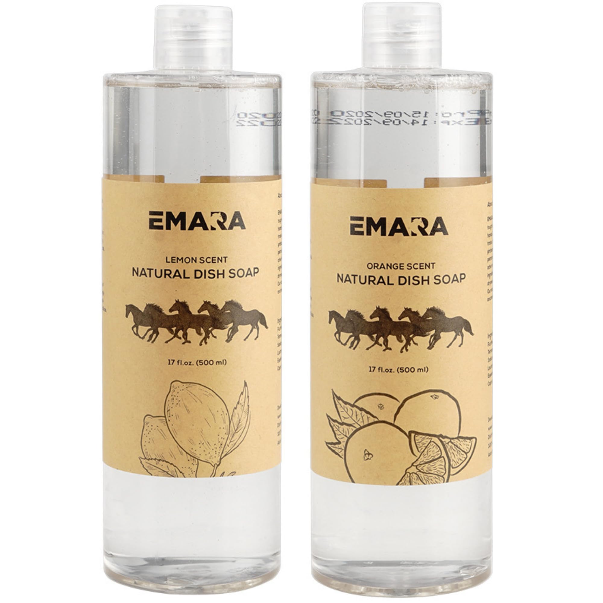 EMARA All-Natural, Non-Toxic Dish Soap Liquid - 17 fl oz (500ml) - Hypoallergenic, Organic, Cuts Grease & Food Residue, Lemon and Orange Scent, Pack