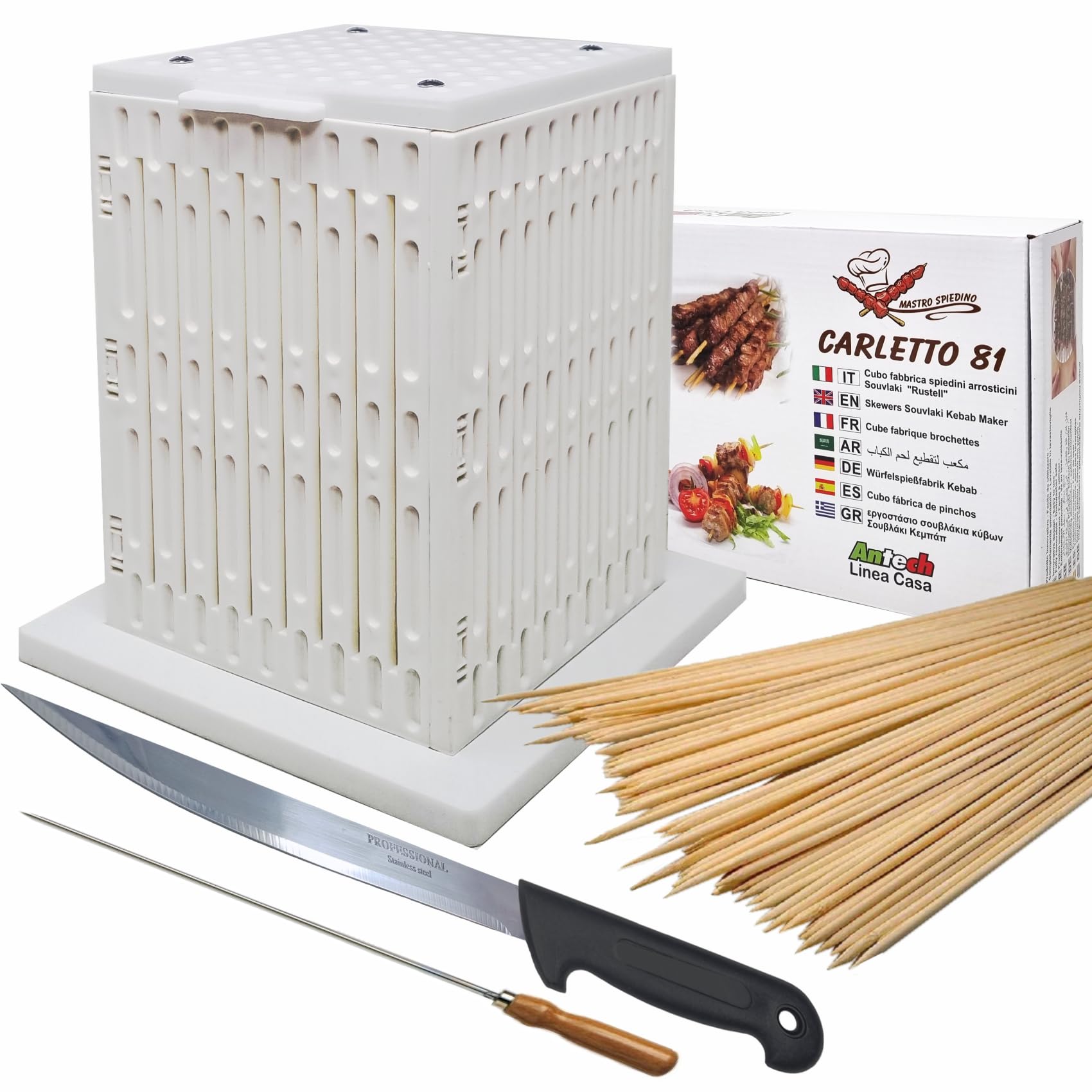 CUBO ARROSTICINI 81 pezzi con coltello e 100 stecconi - Macchina per Arrosticini, Spiedini di Carne, Pesce, Kebab, Souvlaki - Facile Produzione professionale in casa