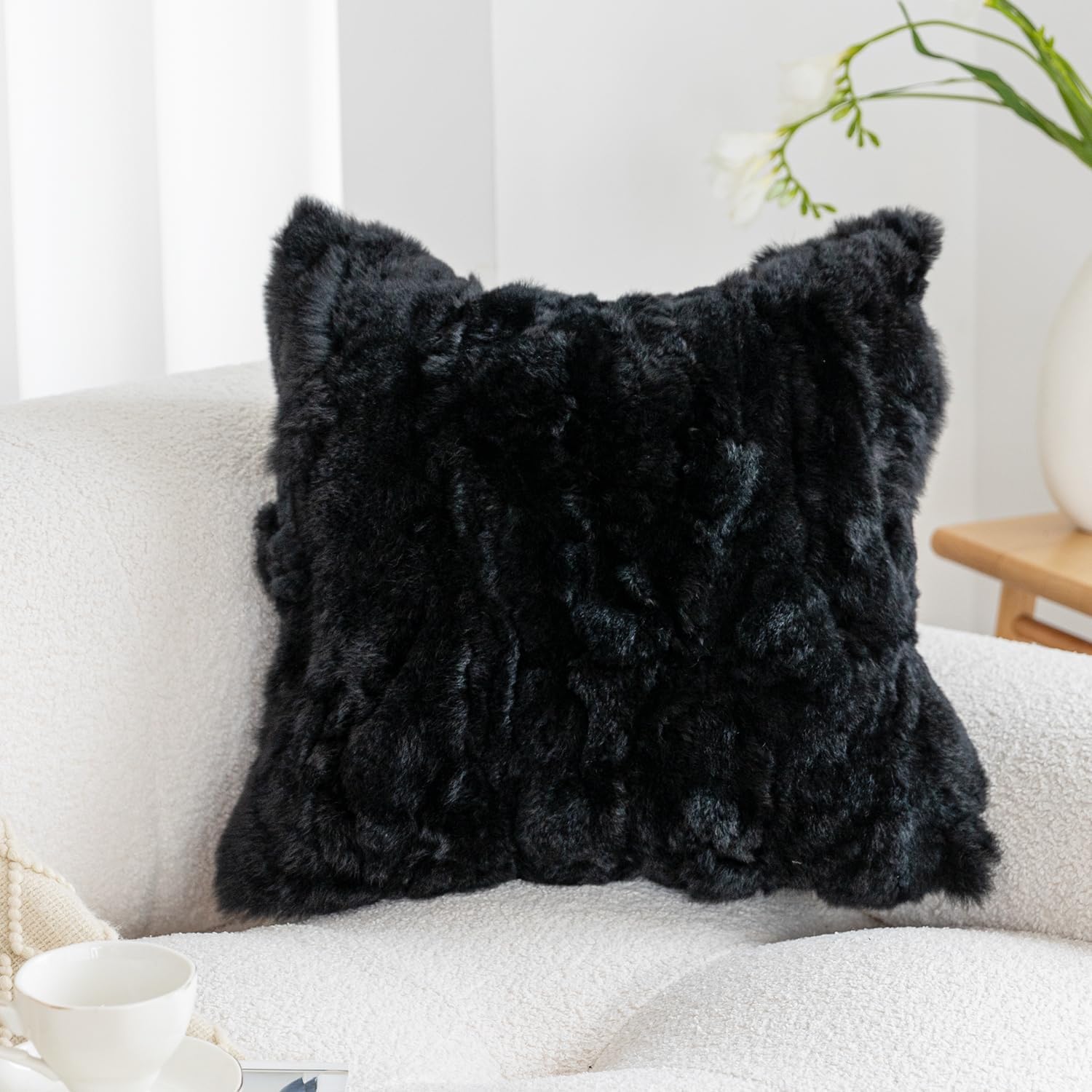 MOOX Rabbit Fur Throw Pillow Covers Decorative Fluffy Soft Fuzzy Plush Luxury Genuine Animal Skin Lumbar Pillow 18"x18" Cushion Cover, Couch-Black